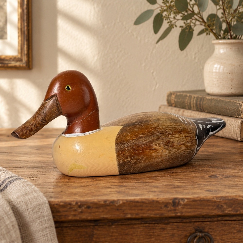 Vintage Hand Painted Wooden Duck Decoy Figurine Northern Shoveler Cabin Core